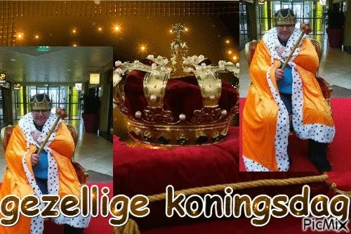 ᐅ koningsdag gif - Koningsdag plaatjes Een koning in oranje mantel en kroon, omgeven door feestelijke decoraties.