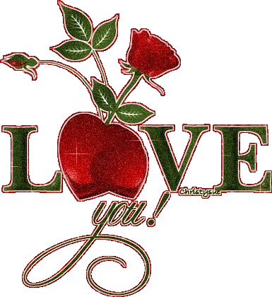 Rood hart met een roos, omringd door het woord "LOVE you!" in sierlijke letters.