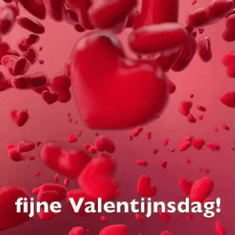 Rode harten die door de lucht zweven, met de tekst 'fijne Valentijnsdag!'
