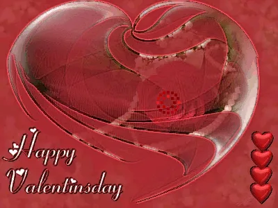 Hart met tekst 'Happy Valentine's Day' en drie harten op een rode achtergrond.