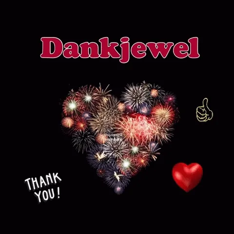 Kleurrijke vuurwerk hart met de tekst "Dankjewel" en een hartsymbool.