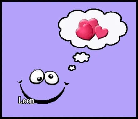 Een vrolijke emoji denkt aan harten met de naam Leen eronder.