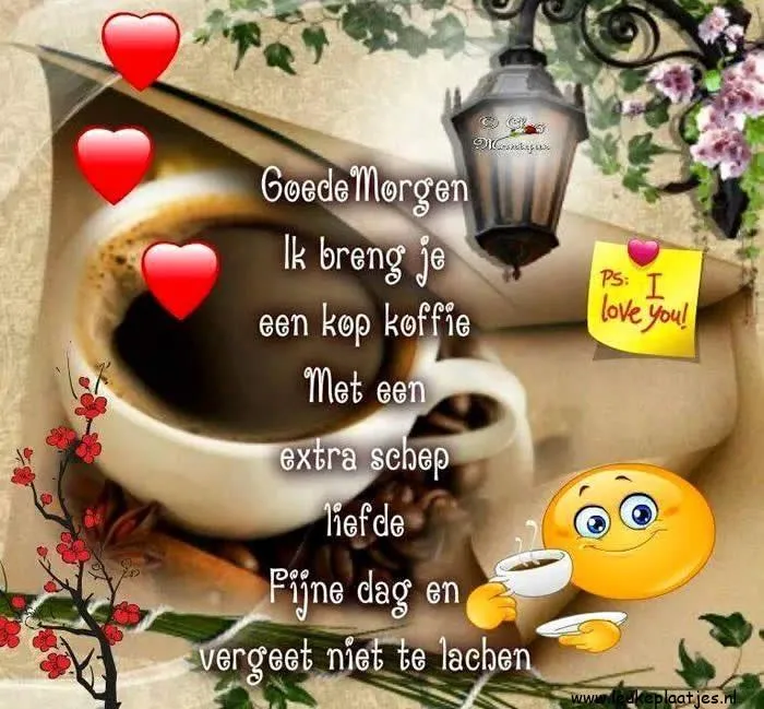 ᐅ liefde goedemorgen lieverd - Liefde plaatjes Kop koffie met tekst: "Goedemorgen, extra schep liefde. Fijne dag!"
