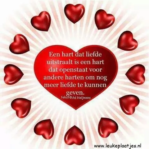 Een hart omringd door kleinere harten, met een inspirerende tekst over liefde.