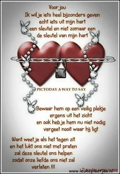 Een afbeelding met hartvormige sleutels en een tekst over liefde en herinneringen.