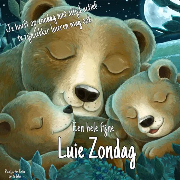 Slaapende beren in een serene nachtelijke omgeving met de tekst "Luie Zondag".