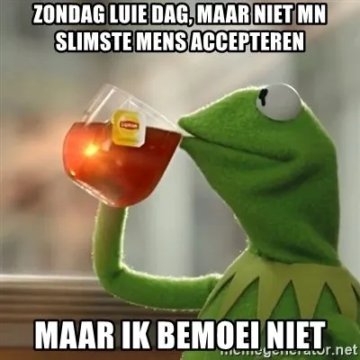 Kermit de Kikker drinkt thee en kijkt nadenkend. Tekst onderaan is grappig.