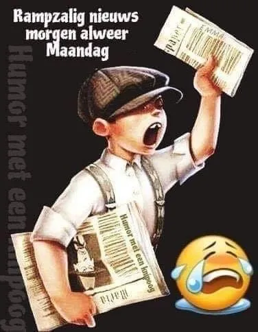 ᐅ maandag humor - Maandag plaatjes Jongeman met kranten roept over slecht nieuws en een sombere maandag.