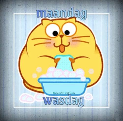 ᐅ maandag humor - Maandag plaatjes Kattenillustratie die zeepbellen wast met de tekst "maandag wasdag".