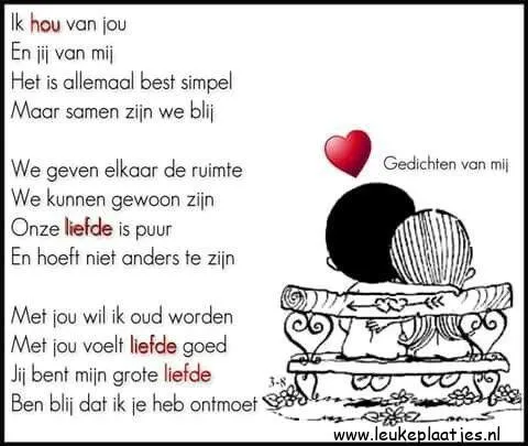 Twee figuren op een bank, omarmend, met een poëtische tekst over liefde.