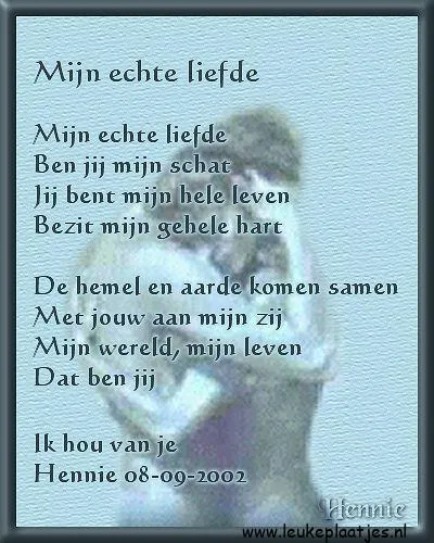 Een gedicht over liefde, met de namen en datum onderaan.