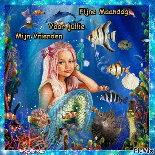 ᐅ mijnmaandag - Maandag plaatjes Een meisje met een zeemeerminstaart omringd door vissen in een blauwe oceaan.