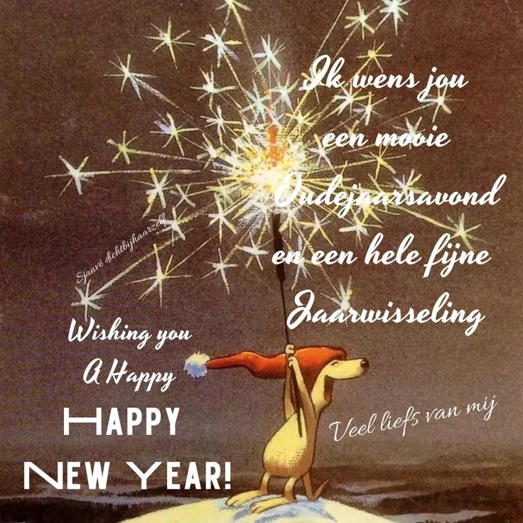 ᐅ mooie jaarwisseling - Jaarwisseling plaatjes Hond houdt een sterretje vast en wenst iedereen een gelukkig nieuwjaar.
