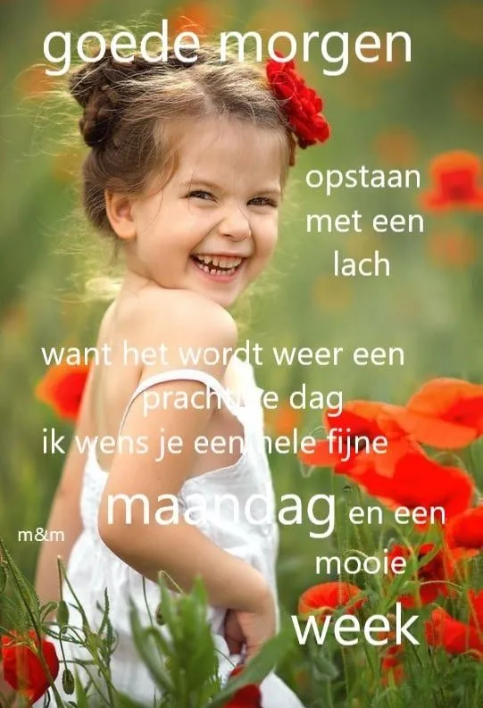 Meisje in een veld met klaprozen, lachend, met de tekst "goede morgen".