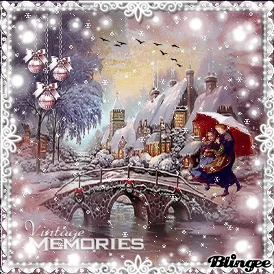 Sneeuwlandschap met brug, gezinnen en vintage kerstdecoratie.