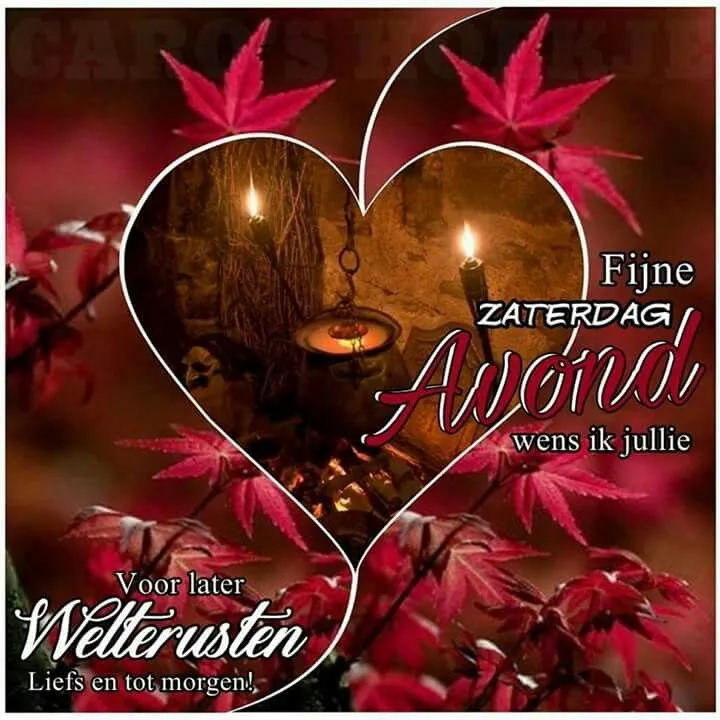ᐅ mooie zaterdag - Zaterdag plaatjes Achtergrond met kaarsen en bladeren, tekst: "Fijne zaterdagavond, welterusten."