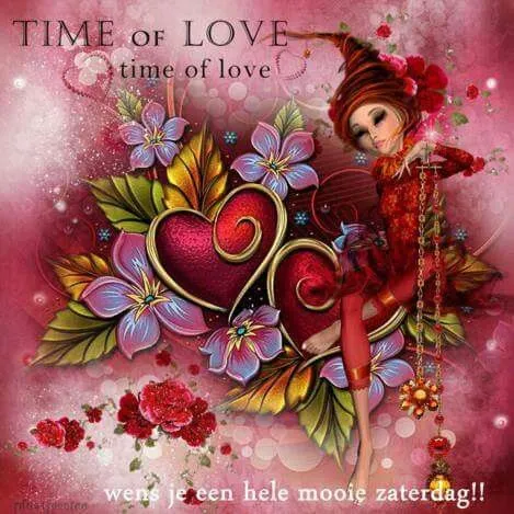 ᐅ mooie zaterdag - Zaterdag plaatjes Kleurijke afbeelding met een vrouw, harten en bloemen, met tekst over liefde en een mooie zaterdag.