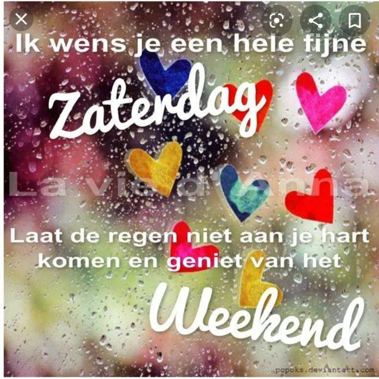 ᐅ mooie zaterdag - Zaterdag plaatjes Kleurige hartjes op een nat raam met teksten over zaterdag en het weekend.
