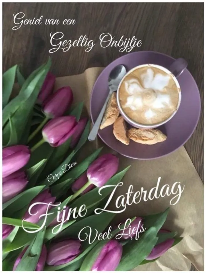 ᐅ mooie zaterdag - Zaterdag plaatjes Kopje koffie met koekjes en tulpen, tekst: "Fijne Zaterdag, Veel Liefs".