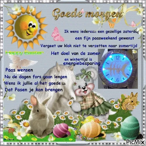 ᐅ mooie zaterdag - Zaterdag plaatjes Een vrolijke collage met een zon, konijn en paaseieren, met de tekst "Goede morgen".