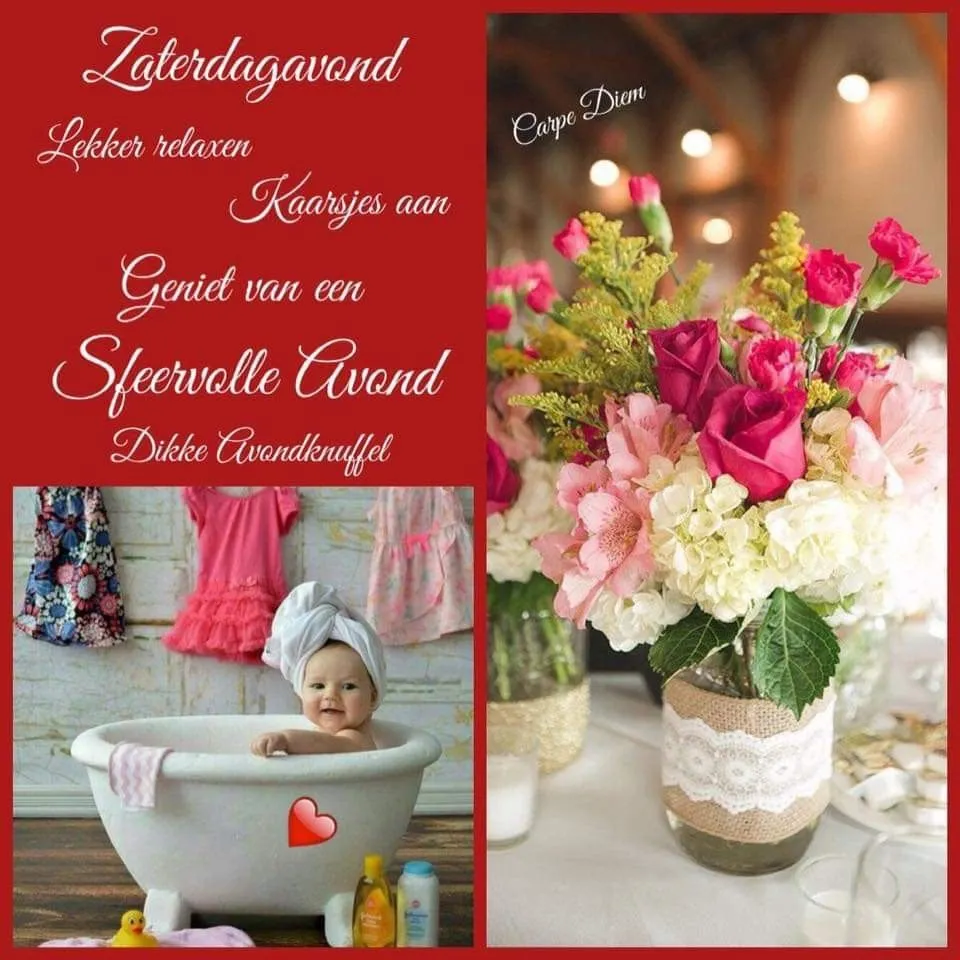ᐅ mooie zaterdag - Zaterdag plaatjes Twee beelden: een baby in bad en een bloemenvaas op een feestelijke tafel.