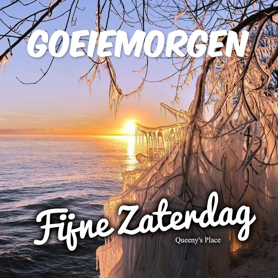 ᐅ mooie zaterdag - Zaterdag plaatjes Zonsopgang boven water met bevroren takken, tekst "Goedemorgen, Fijne Zaterdag".