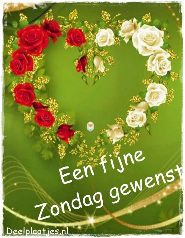 ᐅ mooie zondag - Zondag plaatjes Hart van bloemen met de tekst "Een fijne Zondag gewenst" op een groene achtergrond.