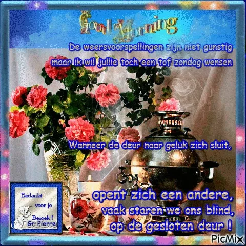 ᐅ mooie zondag - Zondag plaatjes Heldere bloemen bij een theepot met een quote over geluk en positieve wensen.