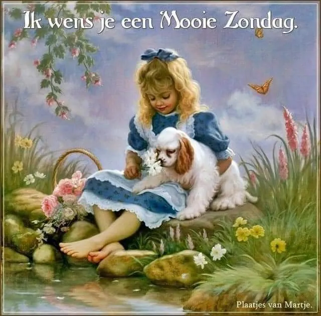 ᐅ mooie zondag - Zondag plaatjes Een meisje met een hondje zit bij een stroompje en kijkt naar bloemen.