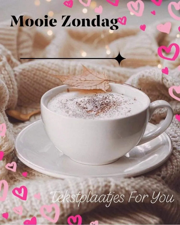 ᐅ mooie zondag - Zondag plaatjes Een mok koffie met een takje op een warme, gebreide achtergrond.