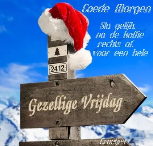 ᐅ morgen vrijdag - Vrijdag plaatjes Bord met kerstdecoratie, mededelingen en sneeuwlandschap op de achtergrond.