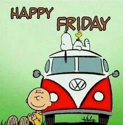 ᐅ morgen vrijdag - Vrijdag plaatjes Charlie Brown ligt op de grond naast een VW-bus met Snoopy en Woodstock bovenop.