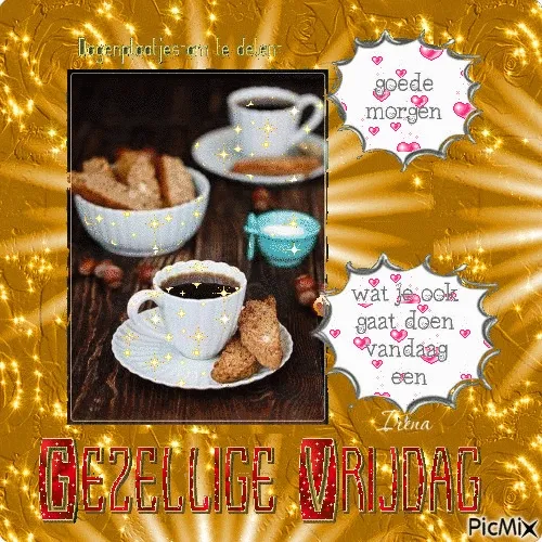ᐅ morgen vrijdag - Vrijdag plaatjes Kopje koffie met koekjes op een tafel, versierd met gouden sterren. Gezellige boodschap.