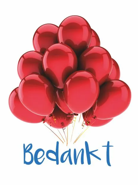 Een bos rode ballonnen met de tekst "Bedankt" eronder.