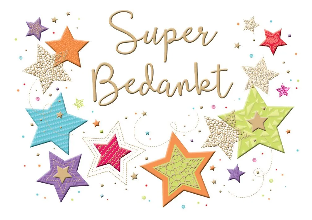 Kleurige sterren met de tekst 'Super Bedankt' in het midden.