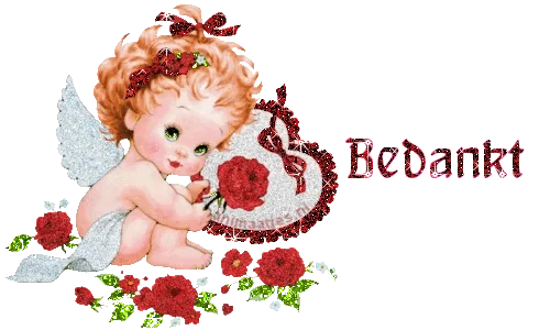 Een schattige baby met krullend haar, omringd door rozen en het woord "Bedankt".