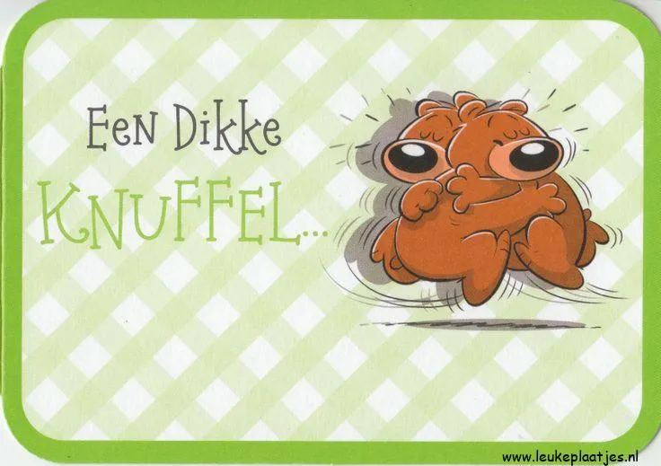 Tekening van twee schattige dieren die elkaar omhelzen met de tekst "Een dikke knuffel".