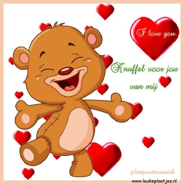 Een vrolijke teddybeer met hartjes en de tekst "Ik hou van je".