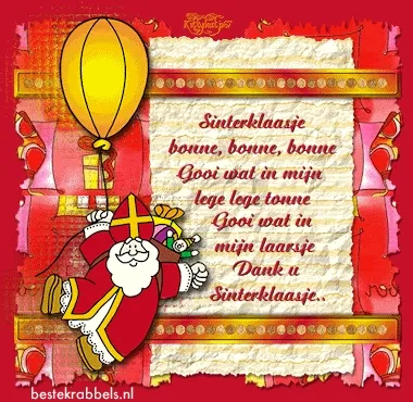 ᐅ plaatje sint en piet - Sinterklaas plaatjes Illustratie van Sinterklaas met een ballon en een tekst over cadeautjes.