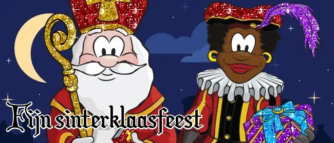 ᐅ plaatje sint en piet - Sinterklaas plaatjes Sinterklaas en een vrolijke vriend met een cadeau in een feestelijke setting.