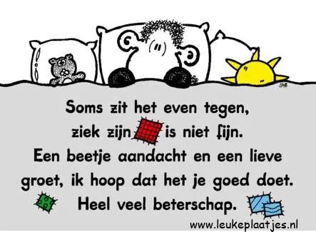 Een cartoon van een zieke persoon met steun van knuffels en een zon, met bemoedigende tekst.