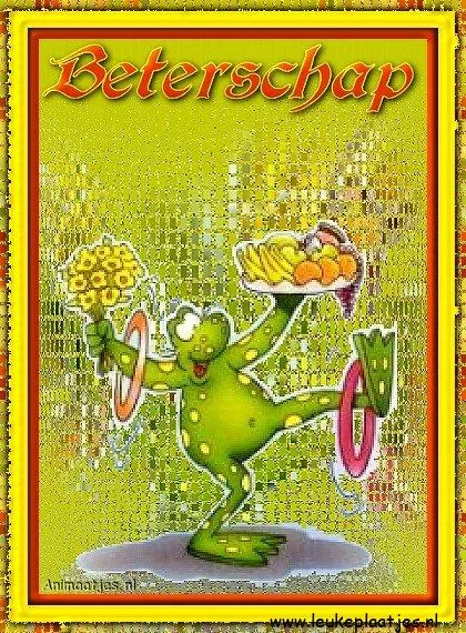 Een groene kikker danst met fruit en bloemen, met een vrolijke achtergrond.