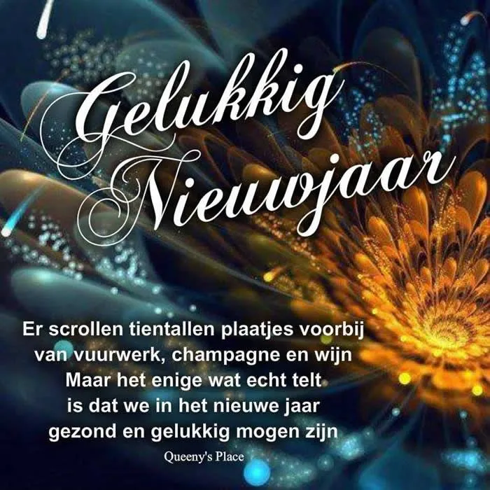 Kleurrijk ontwerp met de tekst 'Gelukkig Nieuwjaar' en een boodschap over gezondheid.