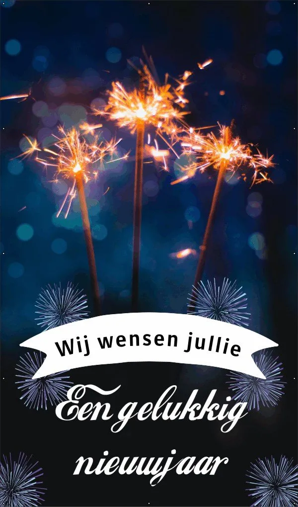 Drie vuurwerkstralen met de tekst: "Wij wensen jullie een gelukkig nieuwjaar."