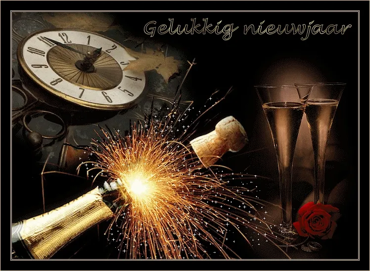 Champagnefles met sprankels, klokken en glazen. Tekst: "Gelukkig nieuwjaar".