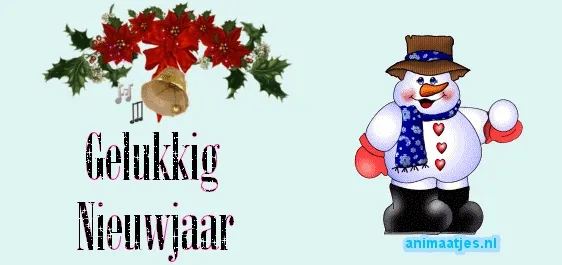 Een kerstdecoratie met een sneeuwman en de tekst 'Gelukkig Nieuwjaar'.