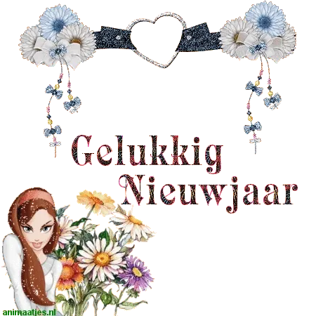 Achtergrond in oranje met bloemen en tekst: "Gelukkig Nieuwjaar". Een vrouw figuur is ook zichtbaar.