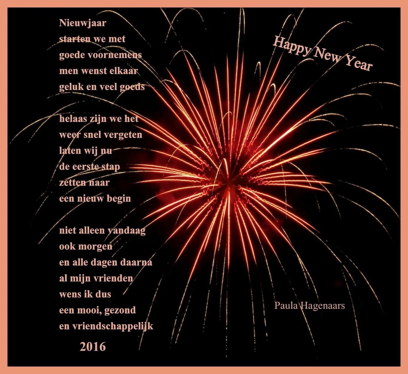 Vuurwerk met nieuwjaarswensen en positieve boodschappen in tekst.