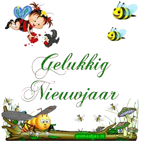 Jong meisje met vleugels en bijen, tekst 'Gelukkig Nieuwjaar' erboven.