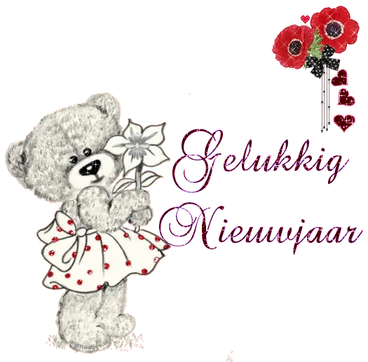 Een schattige teddybeer met een bloem, "Gelukkig Nieuwjaar" tekst erbij.